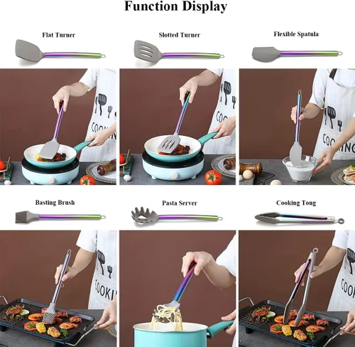 Miniatura 5 de Juego de utensilios de cocina de silicona de 38 piezas con estante para utensilios, cabeza de silicona y mango de acero inoxidable, herramientas