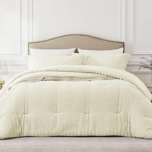 Miniatura 19 de Quataly - Juego de edredón Seersucker tamaño Twin/Twin XL en color blanco; juego de cama de 2 piezas que incluye 1 edredón suave y esponjoso y 1