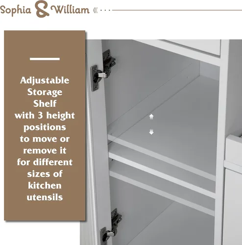 Miniatura 4 de Sophia & William Carrito de isla de cocina con ruedas con bandeja extensible, estante ajustable y puerta de cristal, isla de almacenamiento móvil