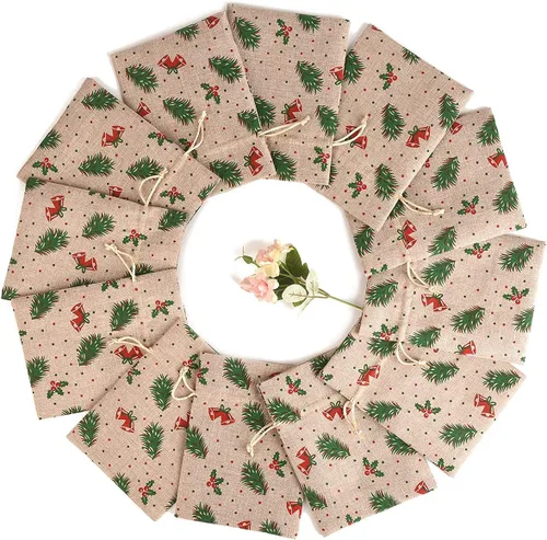 Miniatura 6 de XCFWin Paquete de 12 bolsas de regalo de Navidad con cordón, diseños reutilizables para suministros de fiesta de Navidad
