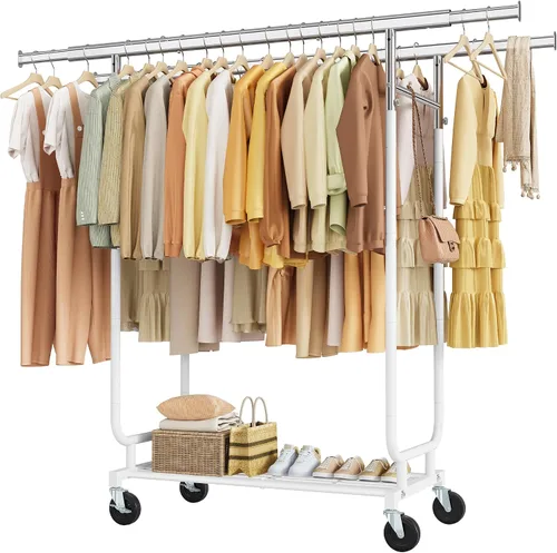 Miniatura 18 de Hoctieon Perchero de montaje de 1 minuto, 480 libras, percheros de ropa rodantes resistentes con ruedas, perchero plegable para ropa, barra Plata