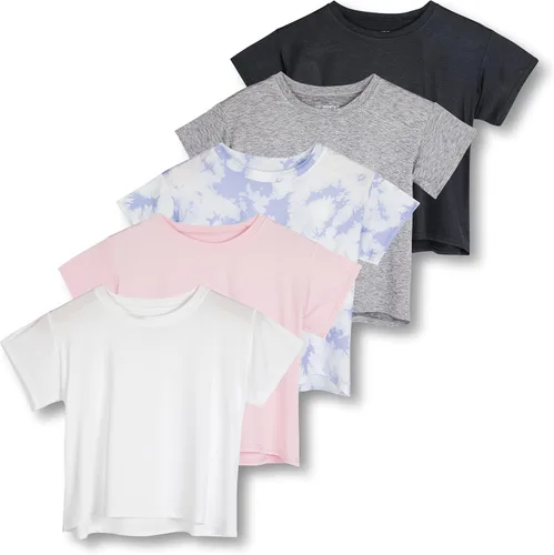 Paquete de 5 camiseta corta de ajuste seco para mujer, camiseta atlética elástica de manga corta con cuello redondo (disponible en tallas grandes)