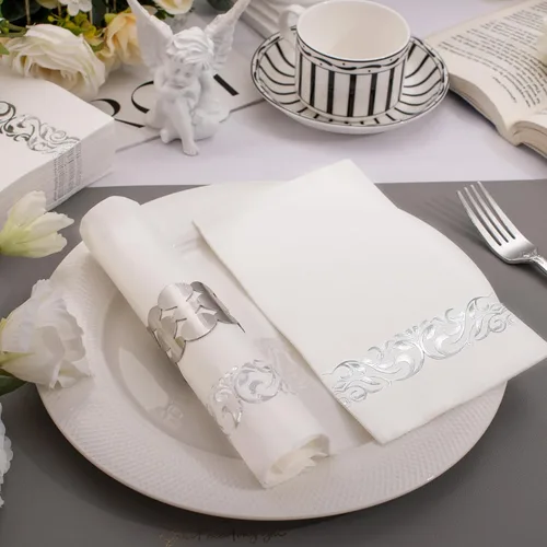 Miniatura 4 de WDF Paquete de 150 servilletas plateadas desechables de papel, servilletas plateadas de 3 capas, servilletas desechables de alta calidad, Blanco