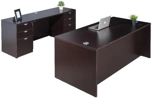 Pemberly Row Juego de escritorio de oficina y credenza, 84 x 66 x 29.5 pulgadas, madera de ingeniería, acabado moca, incluye 1 escritorio, 1