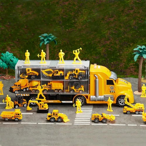 Miniatura 8 de JOYIN Juego de camiones de construcción 25 en 1 con 12 vehículos y 12 figuras de trabajadores, camiones de juguete Push and Go con sonido y luz
