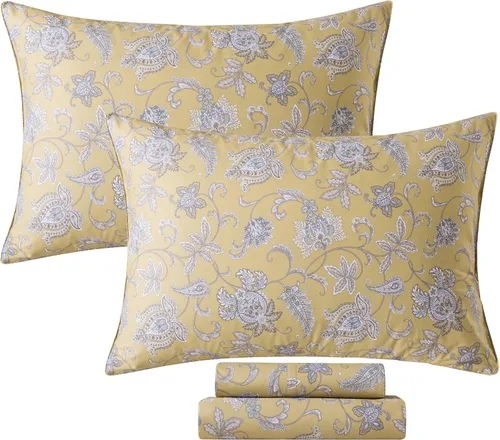 Miniatura 94 de FADFAY Juego de sábanas tamaño King, 100% algodón, elegante ropa de cama de granja con hojas verdes menta y flores blancas, sábana suave