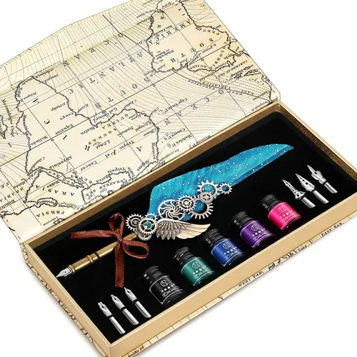 Miniatura 11 de NC Juego de tinta de plumas, incluye 5 botellas de tinta y 6 puntas reemplazables, bolígrafo mecánico para escribir, letras, diario, firma, Azul
