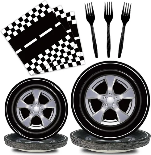 Kepeel Juego de 96 platos y servilletas para fiesta de autos de carreras, suministros de fiesta, decoración de deportes de carreras para niños,