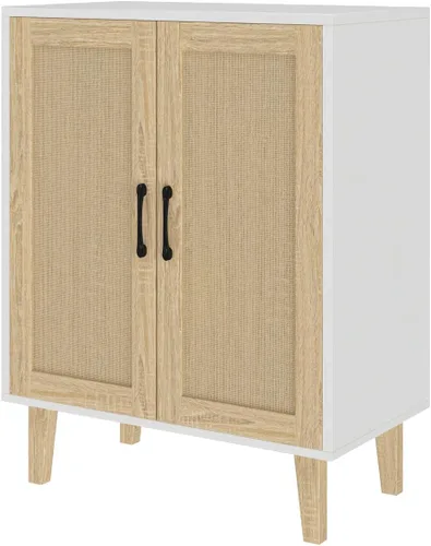Panana Aparador de buffet con puertas decoradas de ratán, armario de almacenamiento de cocina, armario de acento (blanco)