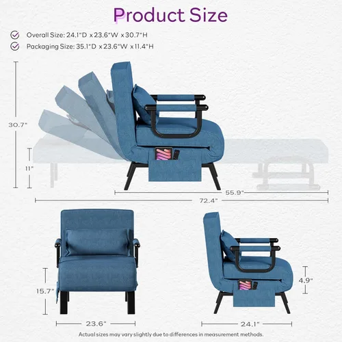 Miniatura 9 de TYBOATLE Silla Cama Convertible para Adultos, Silla Cama Plegable 5 en 1 con Respaldo Ajustable de 5 Posiciones y Almohada, Cómodo Sofá Cama Futón