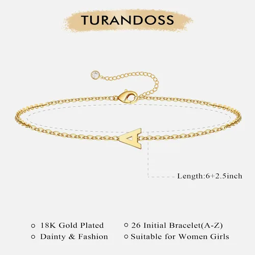 Miniatura 6 de Turandoss - Pulseras de oro con iniciales para mujeres y niñas - Joyería ideal para regalo - Pulsera chapada en plata u oro de 18 k con letras