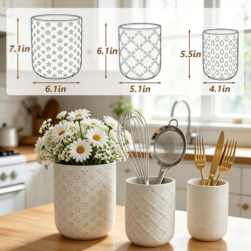 Miniatura 3 de Soporte para utensilios de cocina en relieve, recipiente de cerámica blanca para encimera, organizador grande de utensilios para espátula, cuchara