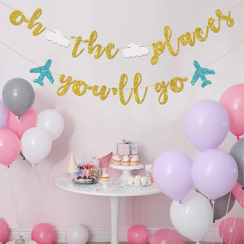 Miniatura 7 de INNORU Cartel de Oh The Places You Go - Decoración de banderines para fiesta de despedida temática de viaje, Bon Voyage, cumpleaños, aniversario