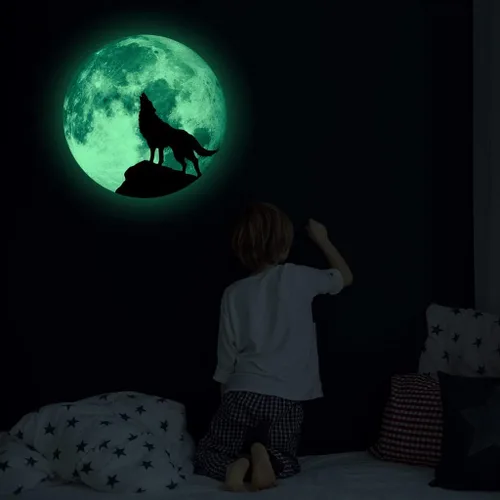 Miniatura 6 de Calcomanía creativa de pared de luna luminosa, diseño de lobo que brilla en la oscuridad, adhesivo de pared de PVC extraíble impermeable