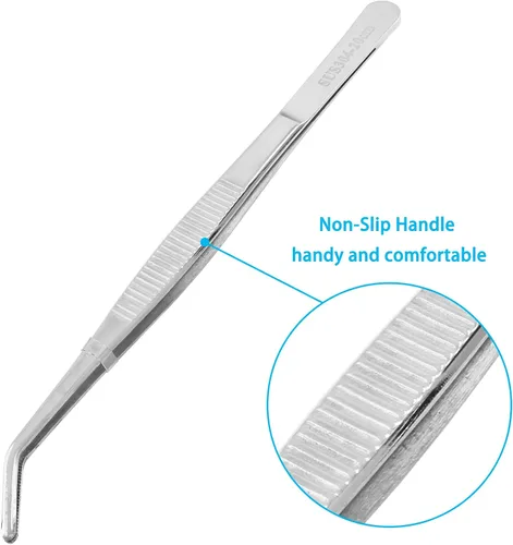 Miniatura 4 de Bonsicoky 1 pinza de acero inoxidable de 8 pulgadas, pinzas largas con puntas curvadas dentadas de precisión, pinzas multiherramienta