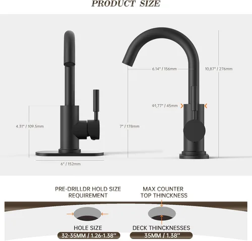 Miniatura 5 de Phiestina WE08E-MB - Grifo de acero inoxidable de arco alto de un solo orificio negro mate para fregadero de precocina/fregadero de bar/fregadero