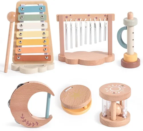 Instrumentos musicales Montessori para bebés, juguetes musicales de percusión de madera y xilófono para niños pequeños, juguetes sensoriales para