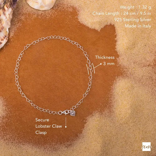 Miniatura 5 de Amberta Tobillera de plata de ley 925 naturalmente ajustable – Pulsera de tobillo de 0.118 in con cadena de corazón – hasta 10 pulgadas – Ajuste