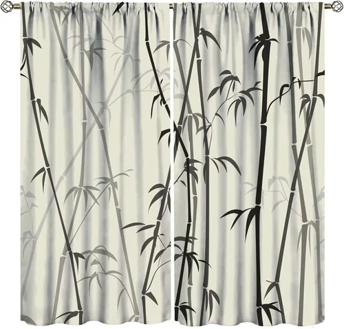 Miniatura 19 de Cortinas con estampado de bambú verde natural, plantas asiáticas, japonesas, tallos rústicos, hojas, cortina de selva con bolsillo para cortinero