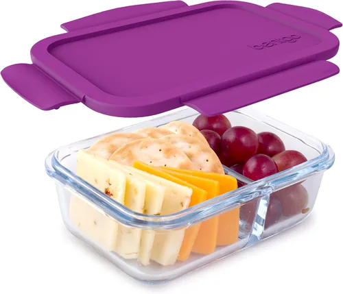 Bentgo® Snack de vidrio – Contenedor de aperitivos estilo Bento, a prueba de fugas, con tapa hermética y diseño dividido de 2 compartimentos, Púrpura
