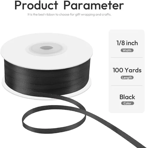 Miniatura 2 de Cinta de satén de doble cara de 1/8 pulgadas x 100 yardas, cinta negra de seda fina con carrete, ideal para envoltura de regalos, ramos florales