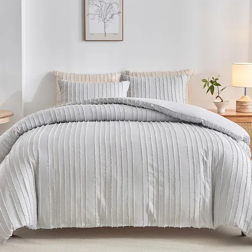 Miniatura 11 de WARMDERN Juego de funda de edredón a rayas azules, ropa de cama con textura bohemia acolchada con mechones, 2 piezas tamaño Twin de microfibra