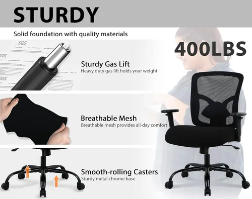 Miniatura 4 de Silla de oficina ergonómica de malla grande y alta, capacidad de 400 libras, asiento grueso, soporte lumbar, reposabrazos ajustables, color negro