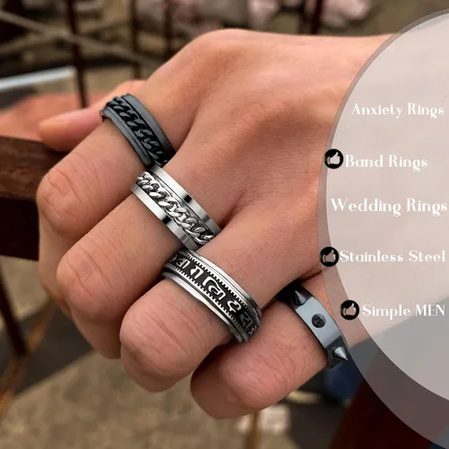 Miniatura 2 de FAXHION - Anillos de acero inoxidable para la ansiedad para hombres mujeres niños y niñas juego de anillos para la ansiedad negros y plateados