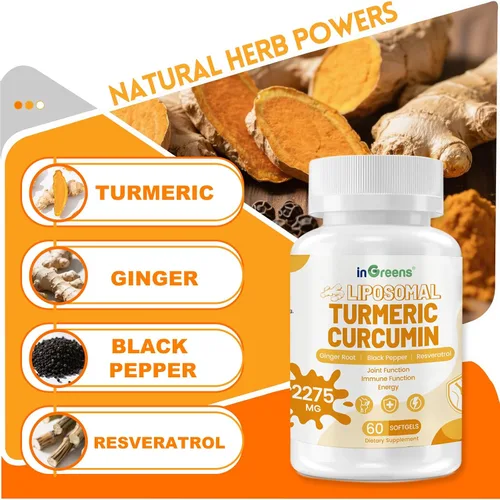 Miniatura 6 de inGreens Suplemento de cúrcuma de 2275 mg, 95% de curcumina, curcumina liposomal para una mejor absorción, suplemento de curcumina para apoyo