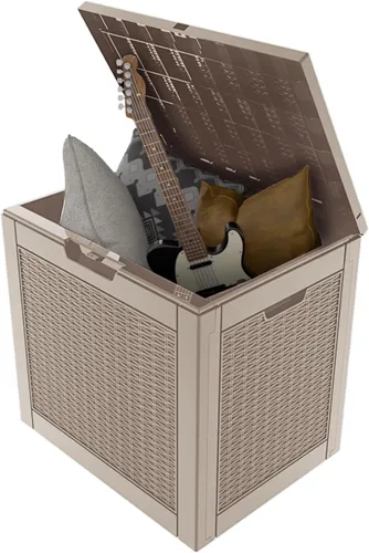 Miniatura 11 de ROJIK Caja de almacenamiento para exteriores, caja de cubierta impermeable de 85 galones, contenedor de almacenamiento exterior de resina resistente