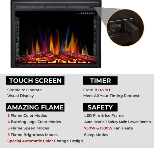Miniatura 2 de ELECTACTIC Inserto de chimenea eléctrica de 36 pulgadas, calentador de estufa eléctrica empotrado, pantalla táctil, control remoto, 750W-1500W