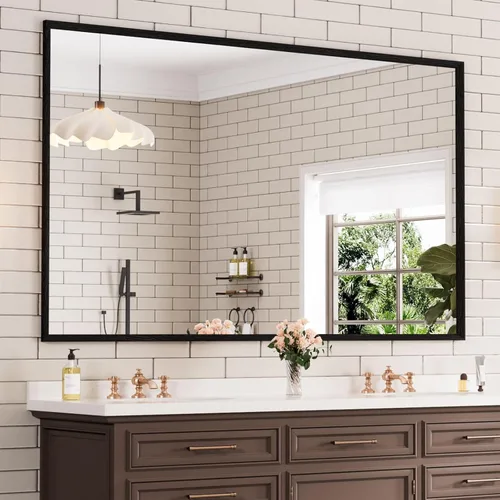 Miniatura 17 de WEER - Espejo de baño dorado, espejo de 40x32 pulgadas con marco de metal dorado cepillado, espejo de tocador de baño de oro para pared
