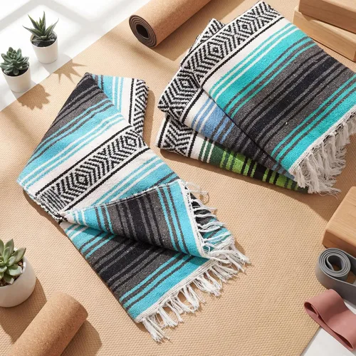 Miniatura 4 de Oudain 4 mantas mexicanas tejidas a mano a granel, manta de yoga mexicana colorida falsa serape, manta tejida bohemia para acampar al aire libre