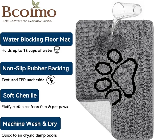 Miniatura 4 de Bcoimo Tapete súper absorbente para puerta de perro, 30 x 20 pulgadas, tapete antideslizante para patas fangosas, alfombras para mascotas para patas