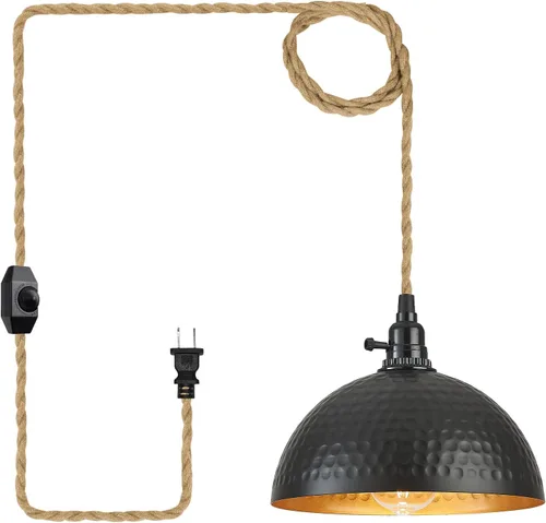 Luces Colgantes Enchufables Lámpara Colgante de Cúpula Martillada con Interruptor Regulable Cuerda de Cáñamo de 15 Pies de Largo Luz Colgante Estilo