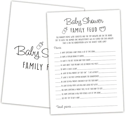 Family Feud - Juego de baby shower, paquete de 30 tarjetas, clave de respuestas, decoraciones de género neutro, suministros de juego