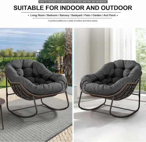 Miniatura 7 de Juego de 2 mecedoras para exteriores, silla mecedora de huevos de mimbre de gran tamaño, para interiores y exteriores, cómoda silla mecedora con Gris