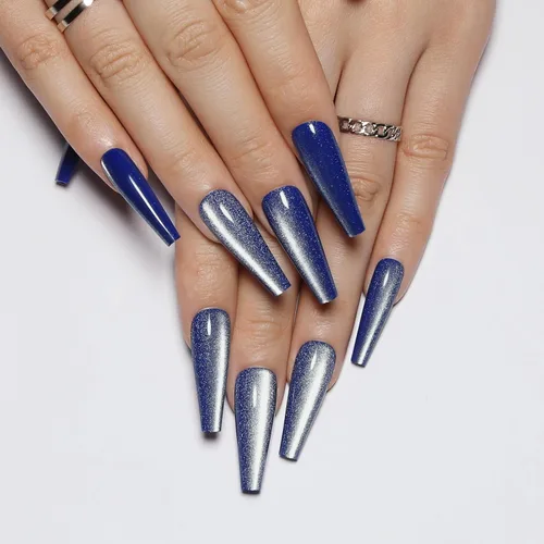 Miniatura 10 de Uñas postizas a presión largas, con brillo azul y diseño, acabado acrílico brillante, de cobertura completa, uñas postizas reutilizables para l002