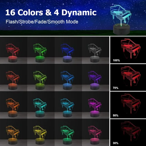 Miniatura 2 de Luz Nocturna de Ilusión 3D AZIMOM con Forma de Piano, 16 Colores Cambiantes, Control Inteligente Táctil, Control Remoto, Ilusión Óptica, Lámpara