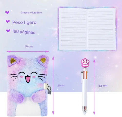 Miniatura 5 de PJDRLLC Diario de gato con cerradura, regalo para niñas de 6, 7 y 8 años, diario secreto con monedero, bolígrafo multicolor, nota post-it