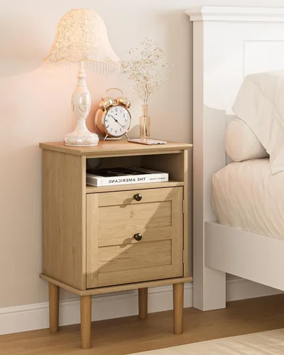 Miniatura 3 de Mesita de noche, mesita de noche bohemia con 1 cajón, mesa auxiliar moderna con estante abierto, mesa auxiliar de noche de madera para dormitorio