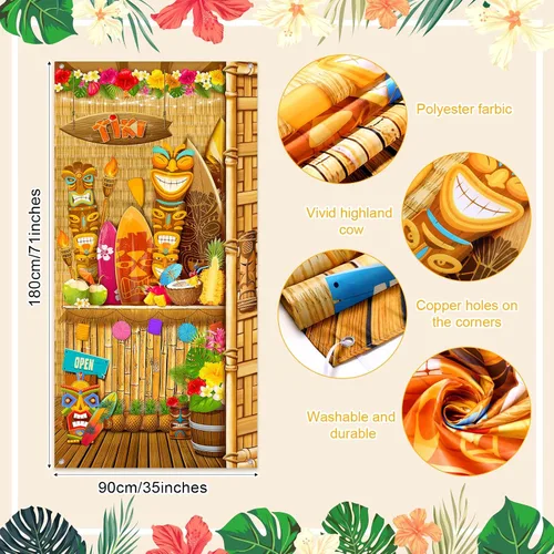 Miniatura 6 de Blulu Hawaiian Luau - Decoración de fiesta de Tiki para puerta, cartel de puerta de tótem, cartel tropical Aloha, telón de fondo hawaiano de verano