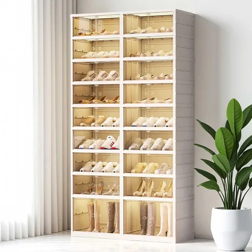 Miniatura 7 de Organizador plegable para zapatos para armario, 9 niveles, 18 pares, apilable, estante de zapatos plegable con puertas, organizador de zapatos