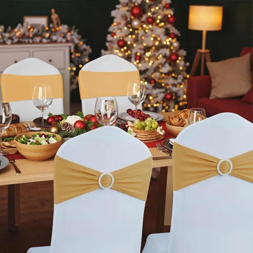 Miniatura 5 de LEBENGURU Bandas para silla de elastano doradas, 30 lazos elásticos de alta calidad con deslizadores para decoración de banquete de boda, fiesta