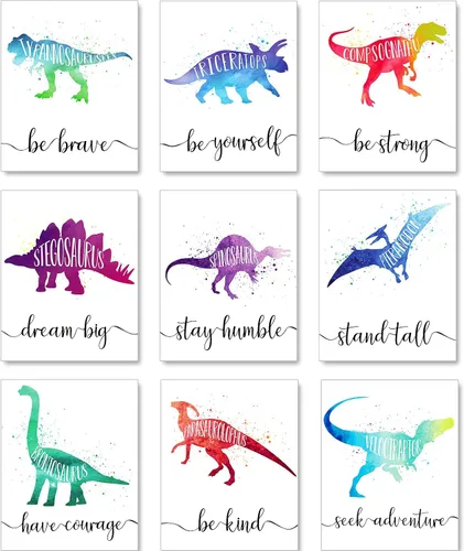 Zonon 9 piezas de 8 x 10 pulgadas dinosaurio decoración de habitación de niño dinosaurio acuarela póster arte de pared palabras motivacionales citas