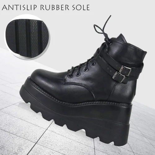 Miniatura 4 de CELNEPHO Botas de plataforma gruesa para mujer puntera cuadrada con cordones cremallera tacón alto botas de tobillo de cuña de combate