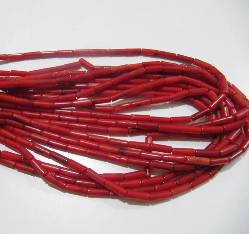 Miniatura 2 de Cuentas de coral rojo perforadas largas de calidad muy agradable, cuentas de coral rojo fuego en forma de tubo, tamaño 0.157 x 0.315 in disponible