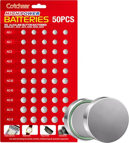 50 pilas alcalinas surtidas 1.5 voltios AG1/LR621 AG3/LR41 AG4/LR626 AG10/LR1130 AG12/LR43 AG13/LR44 Juego de baterías de monedas 0% mercurio