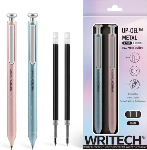 Miniatura 7 de WRITECH Bolígrafos de gel de punta fina: Bolígrafo retráctil de barril metálico premium de 0.7mm con tinta negra, 2 unidades con 2 recargas, sin