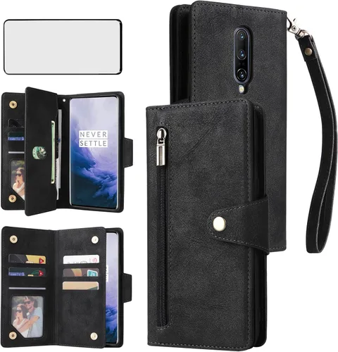 Asuwish Funda de teléfono para OnePlus 7 Pro Funda tipo cartera y protector de pantalla de cuero con soporte para tarjetas, accesorios para celular